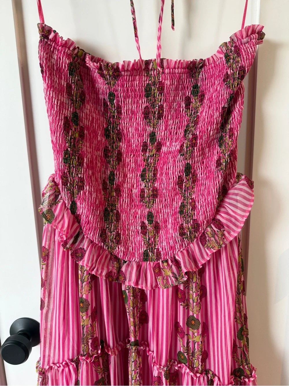 NWT Free People Midi Smocked Dress Pink Stripe Floral Ruffle Large - Picture 3 of 9